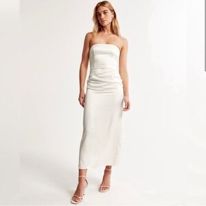 Abercrombie & Fitch Strapless Satin Midi Dress in Ivory